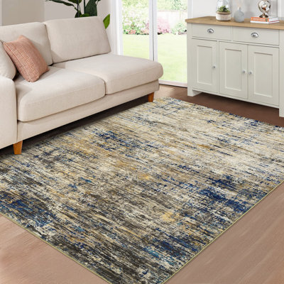 Modern Abstract Area Rug 5x7 Washable Rug Soft Living Room Rug Stain Resistant Indoor Carpet Non Slip Low Pile Floor Cover For Bedroom Dining Room Office,Blue/Taupe