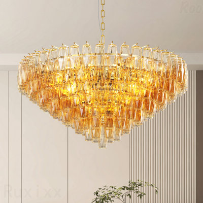 Lustre - Très grand luminaire suspendu en laiton soufflé fumé à 14 lumières à finition dorée moderne à 37 lumières