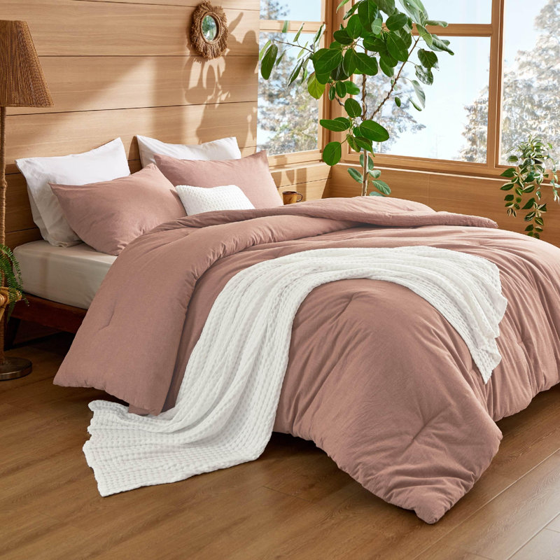 Cozy Winter Collection Bedsure 5 Pieces Cotton Comforter Set with Cotton Waffle Throw Blanket, Pink Clay