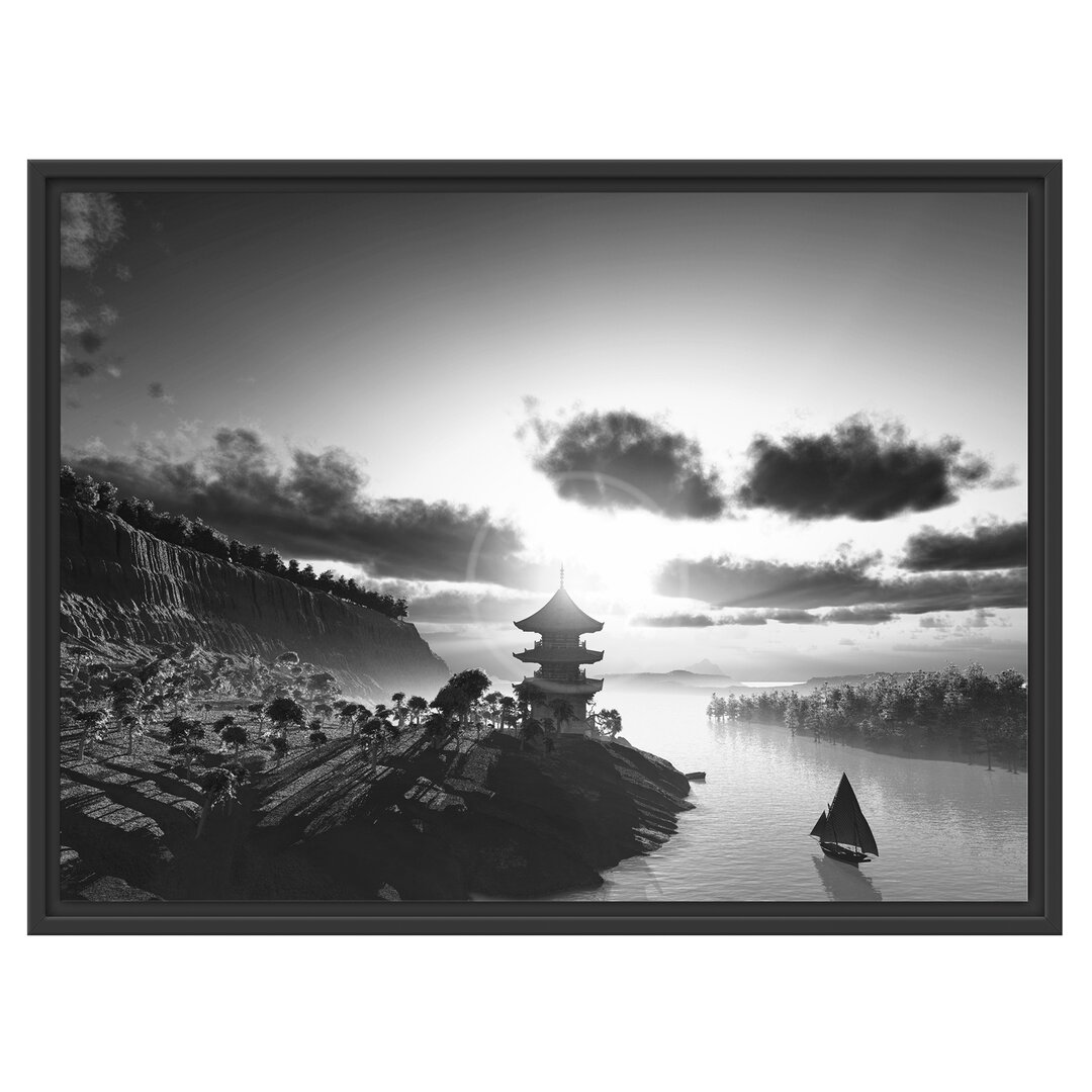 Gerahmtes Wandbild Chinesisches Haus am See Kunst B&W