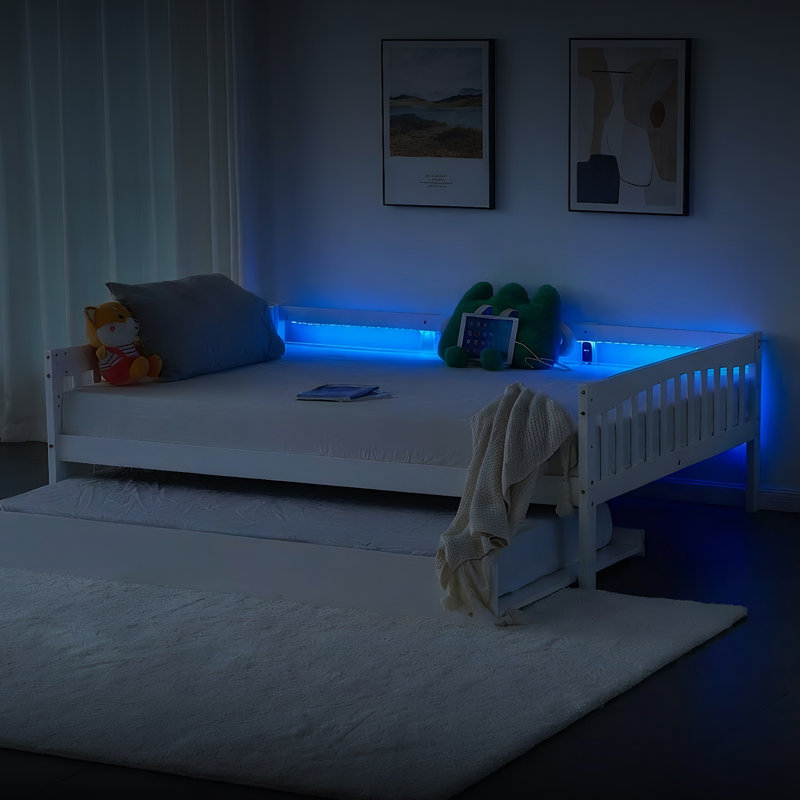 Twin Size Wood Bed With Trundle, Light Strip, Charging Station And Guardrail, Twin