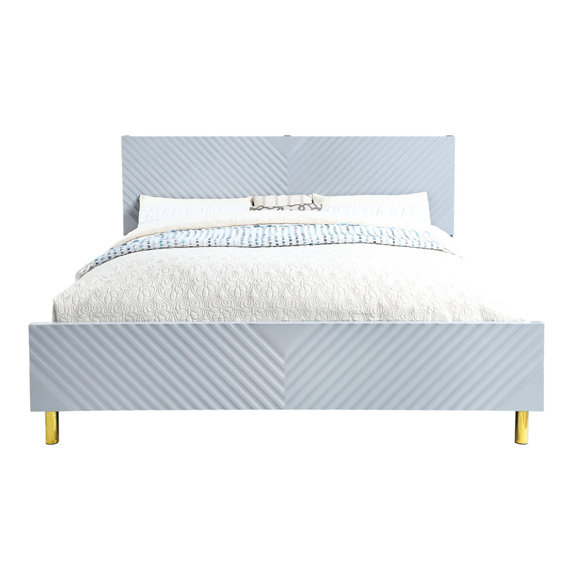 Grand lit gris très brillant avec motif ondulé, métal et 26 lattes, 2 pieds de soutien, capacité de 660 lb, bois synthétique, poids