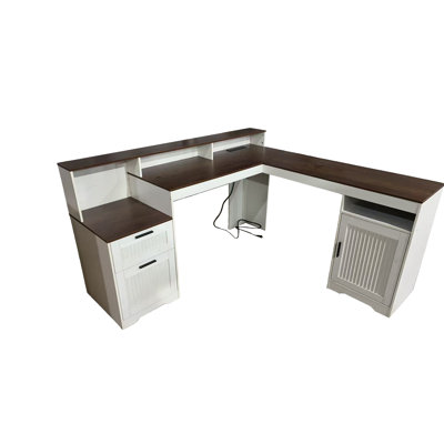 53" W Farmhouse L-Shaped Computer Desk with Hutch, Power Outlets, Drawers and Cabinet