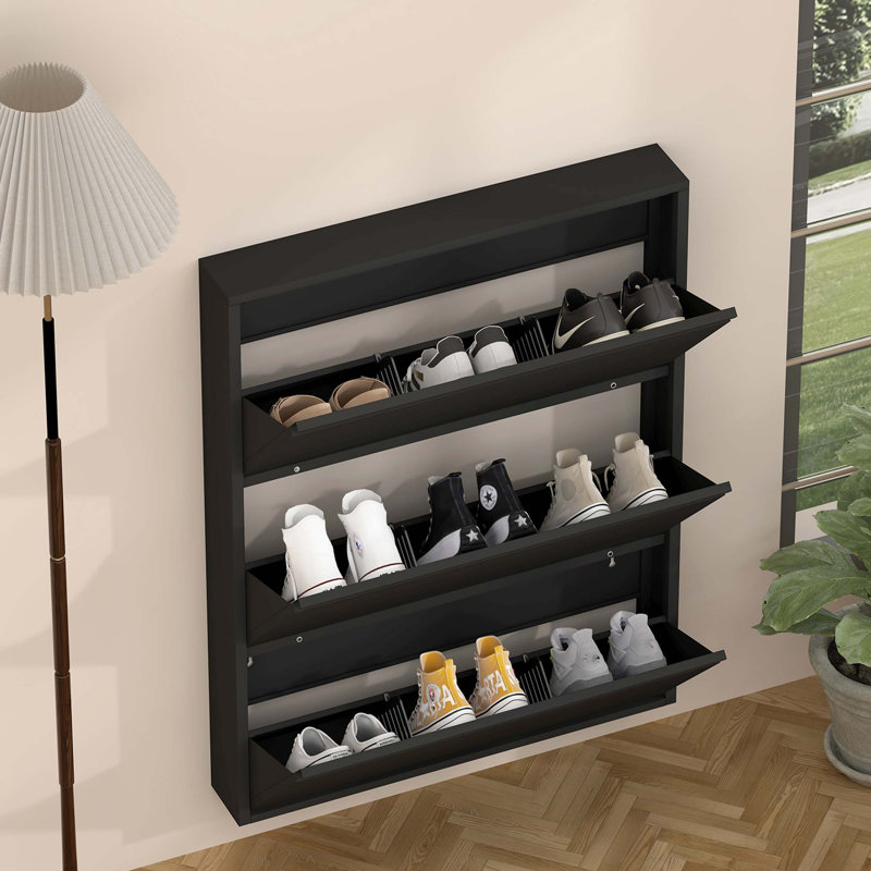 Armoire à chaussures murale en acier avec tiroirs rabattables pour un rangement étroit dans l'entrée, Noir