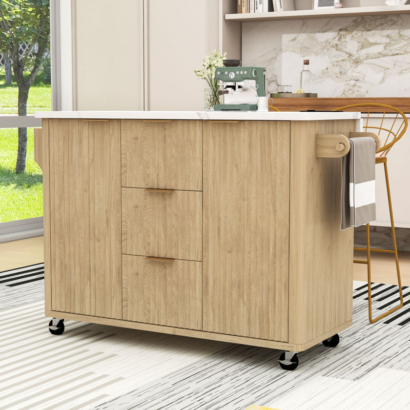 Rolling Fluted Kitchen Island with Drop Leaf, Power Outlet, 3 Drawers and Faux Marble Top, Natural/White
