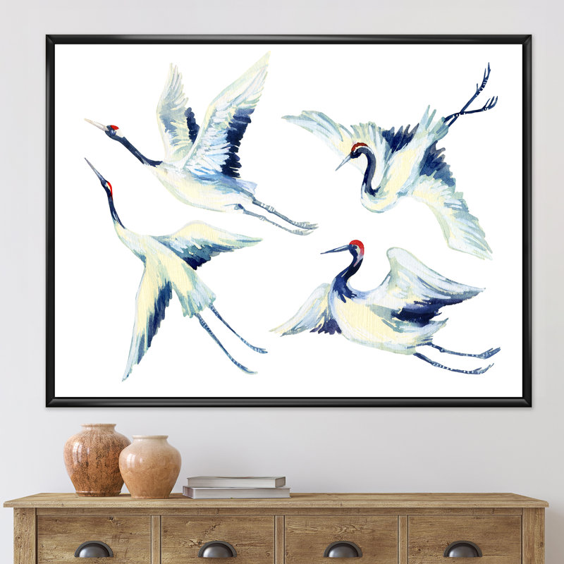 Asian Crane Bird Impression - peinture sur toile, H 12 po x l 20 po x p 1 po, Cadre noir