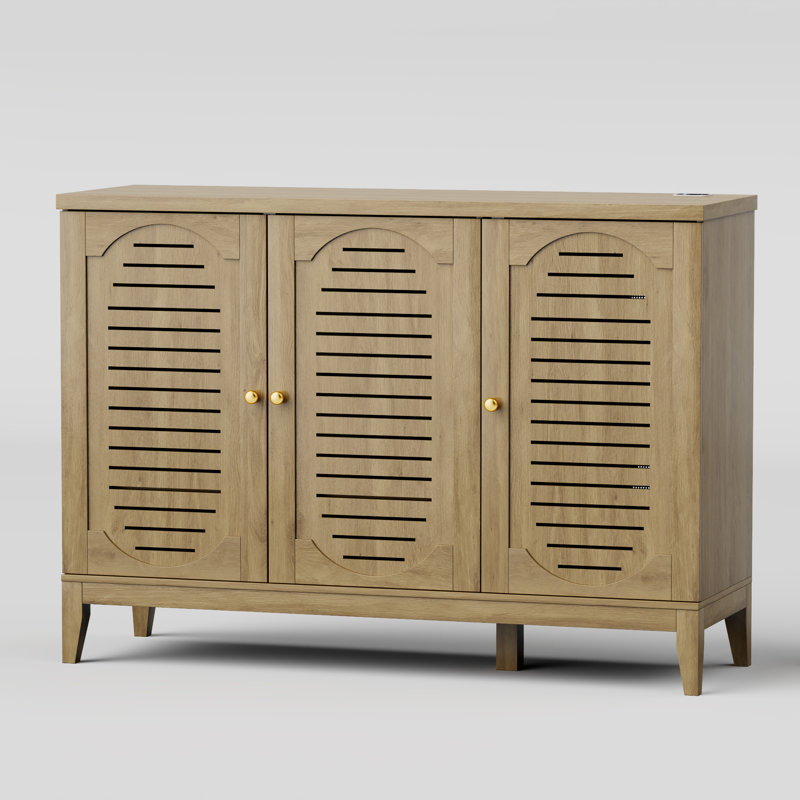 Armoire à chaussures moderne avec éclairage à DEL et tablettes réglables, Bois jaune clair