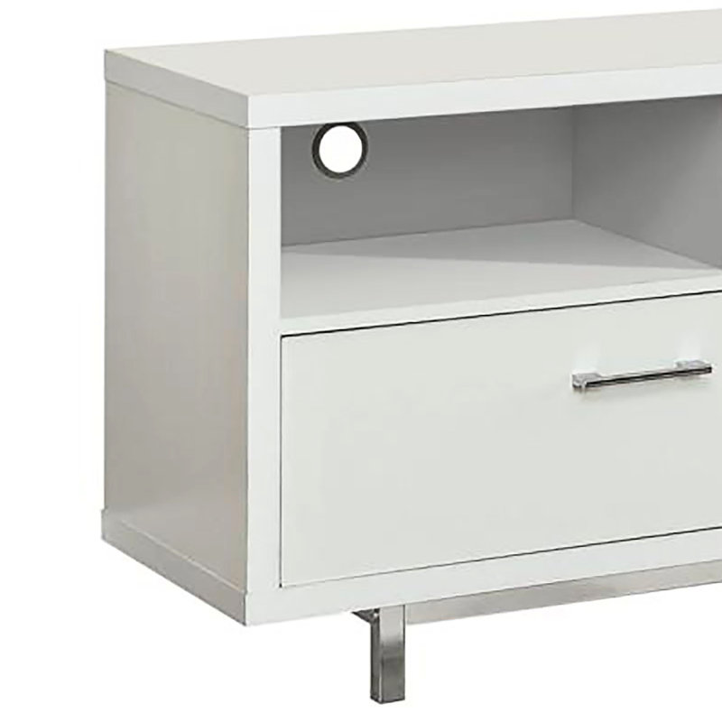 Console de télévision blanche de 60 pouces avec 2 longs tiroirs et 3 tablettes ouvertes