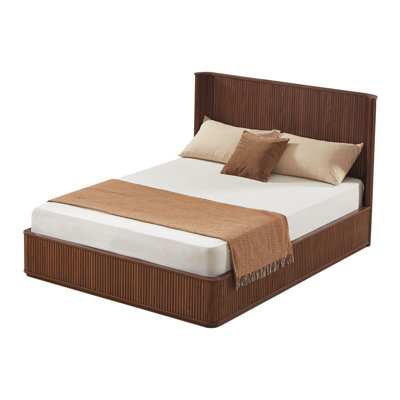 Mid-Century Modern Fluted Wood Bed Frame, Vertical Reeded Headboard & Footboard Bed Frame, No Box Spring Needed
