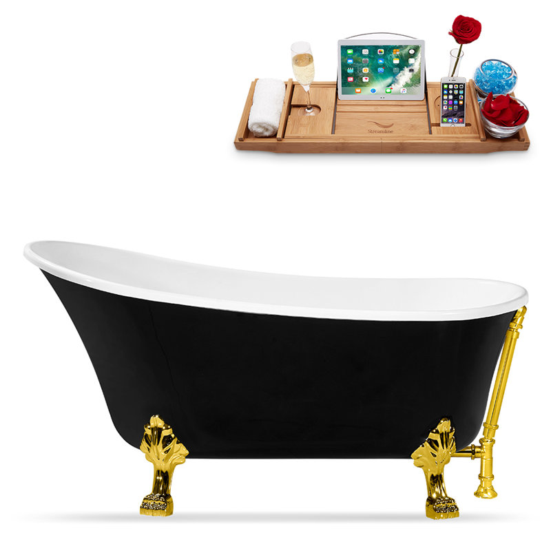 59" Streamline Clawfoot Soaking Acrylic Bathtub With Drain, Clawfeet, and Bamboo Tray, Polished Gold, Polished Gold