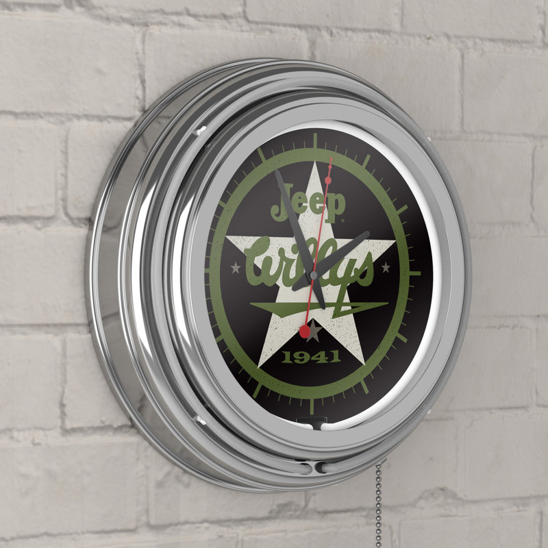 Jeep Willys 1941 Retro Neon Wall Clock, Blanc/vert