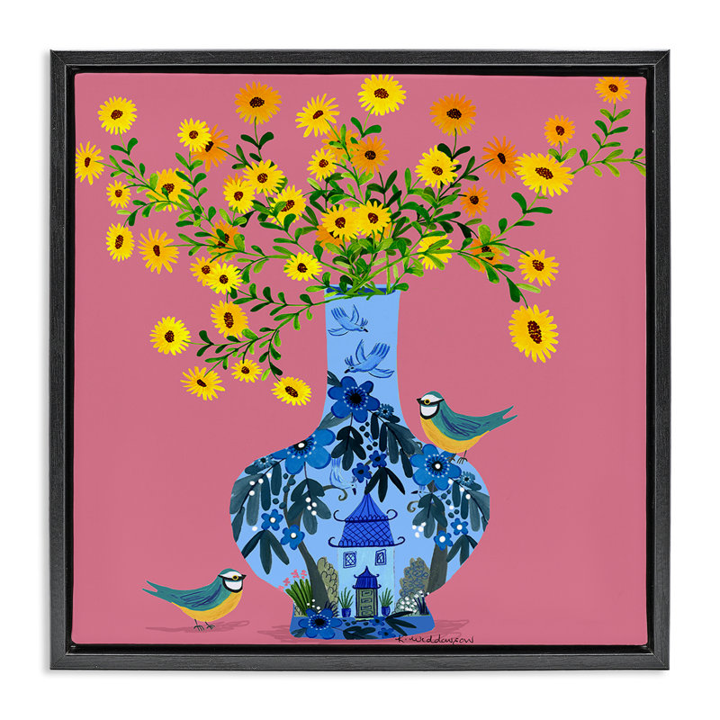 Vase orné avec cadre flottant marguerites, design par Kay Widdowson, H 18 po x l 18 po, Cadre flottant noir de jais