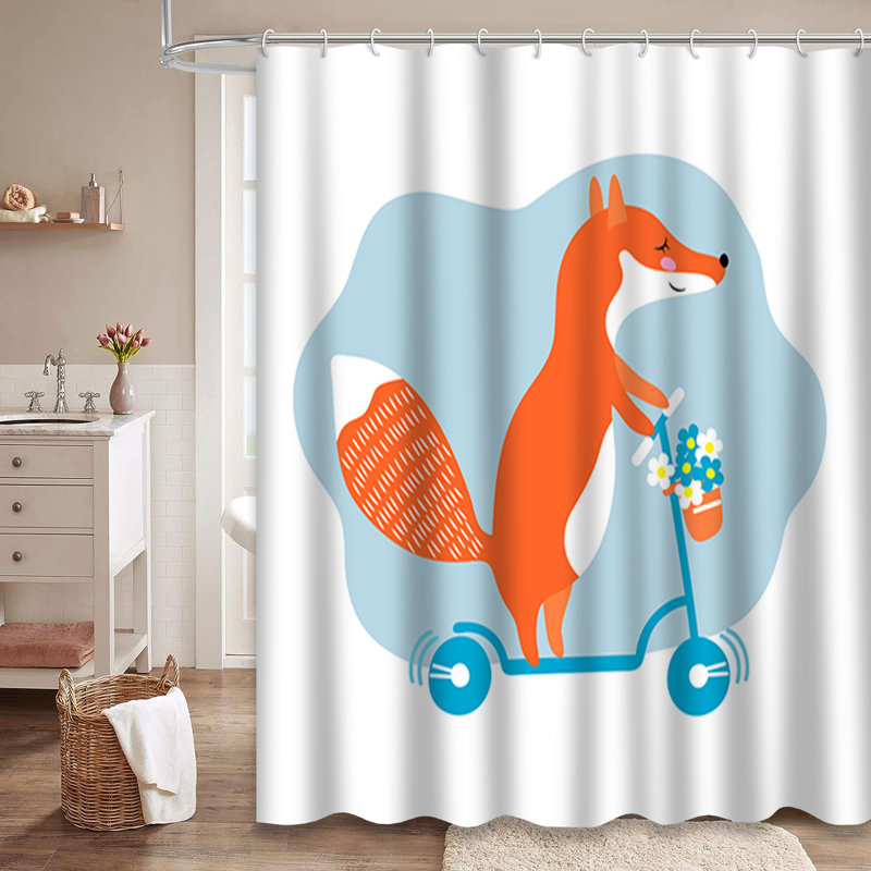 Red Fox Scooter Cartoon Spring Flowers Shower Curtain with 12 Hooks, L 72 po x l 72 po