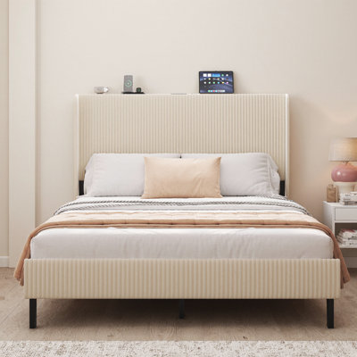 Structure de lit plateforme 80 po avec station de charge | Tête de lit en velours beige, 2 ports USB, lattes en métal sans bruit, rangement sous le lit de 12 po, sans sommier