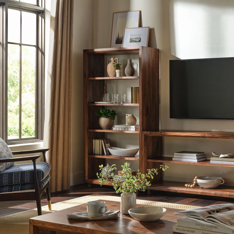 Stickley Saranac Etagere, Tall Bookcase, Solid Rustic Walnut, Sustainable Construction, Open Back, 3 Adjustable Shelves, Fixed Center Shelf, Sled Base, 35in W x 16in D x 69in H, Made in USA