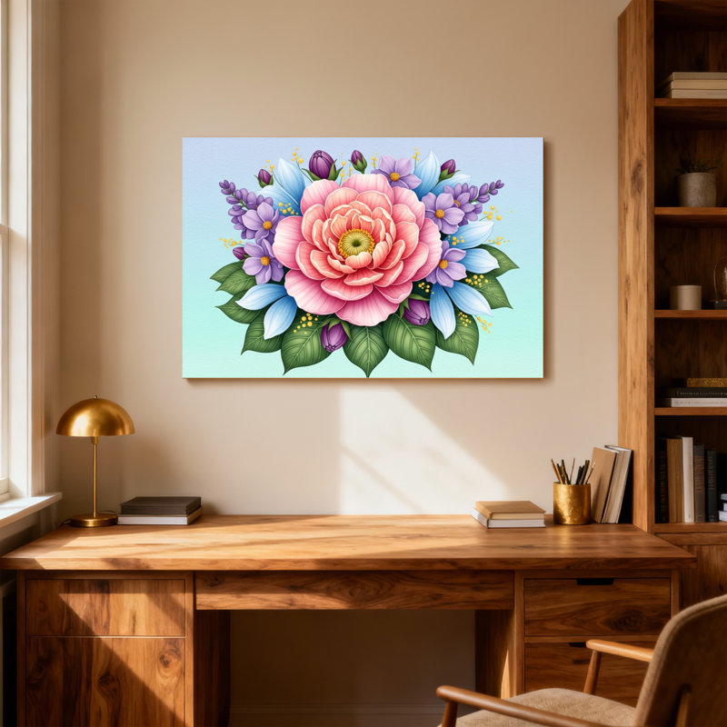 Arrangement floral de plantes et de fleurs avec rose rose et fleurs mauves, H 32 po x l 48 po