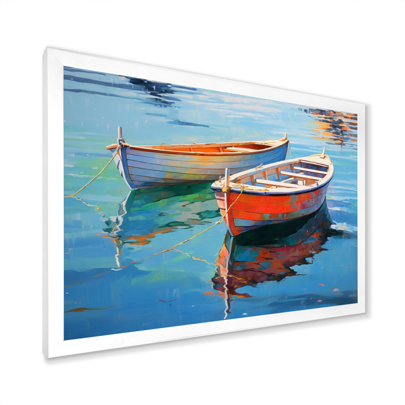 «Boat Harmonic Waters» - Art mural bateau, Cadre simple blanc, H 34 po x l 44 po x P 1,5 po