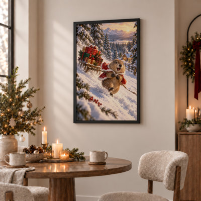 Prairie Dog in Red Santa Suit Pulling Gift Sled Christmas Canvas Wall Art
