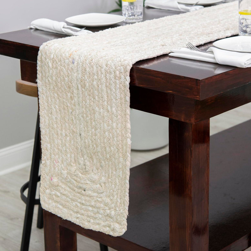 Asaun Handmade Braided Cotton Ivory and Beige Area Rug, Table Runner 1'2" x 8'