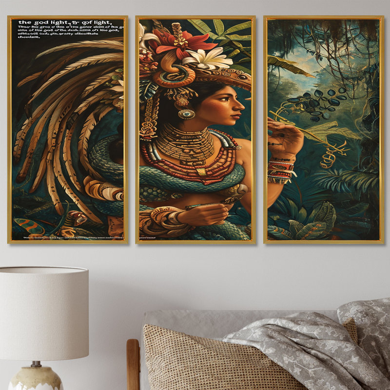 Ensemble de décorations murales Quetzalcoatl, Cadre flottant doré, H 40 po x l 60 po x P 1 po