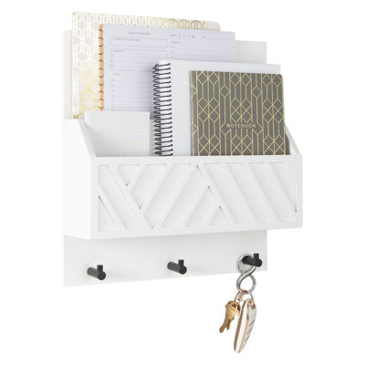 White Geometric Wall Mount Key Rack & 2鈥慣ier Mail Sorter, Wooden Entryway Organizer with 3 Hooks