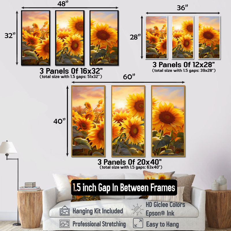 «Burning Sunset Sunflowers Field I» - ensemble d'art sur toile tournesols, Cadre flottant noir, H 32 po x l 48 po x P 1 po