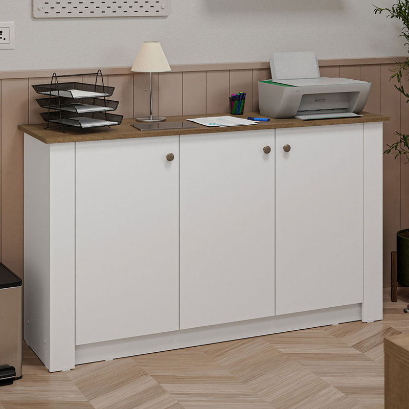 Latitude Run® Office Storage Cabinet with 3 Doors – Pantry Storage for Office Supplies, Documents & Printers - White