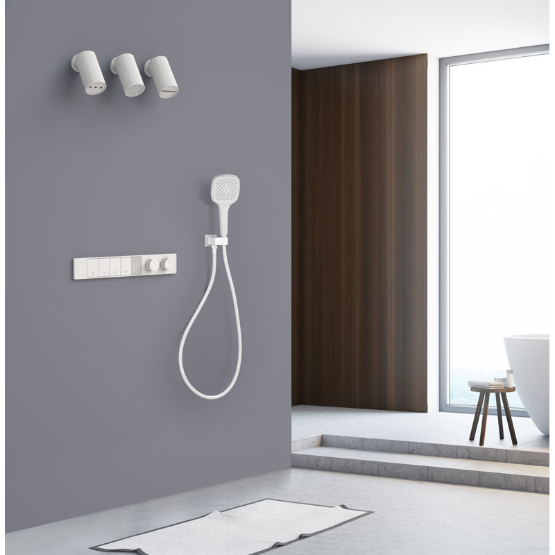 Wall Mounted 4-Function Thermostatic Shower System with Rainfall, Waterfall & Water Column Shower Head, Shower Faucet with Rough-in Valve & 3-Function Handheld Shower