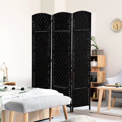 Black 6' Tall Weave Privacy Partition. Stylish For Small Spaces. Artistic Weave. 3 Panels, Hinge, Portable Folding Easy Storage Screen - Black. Adds To Hallways. Design. Folding, Hinge Versatility