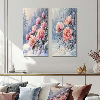 Hiver, pivoines glacées dans la forêt I - Art mural floral, collection 2 panneaux
