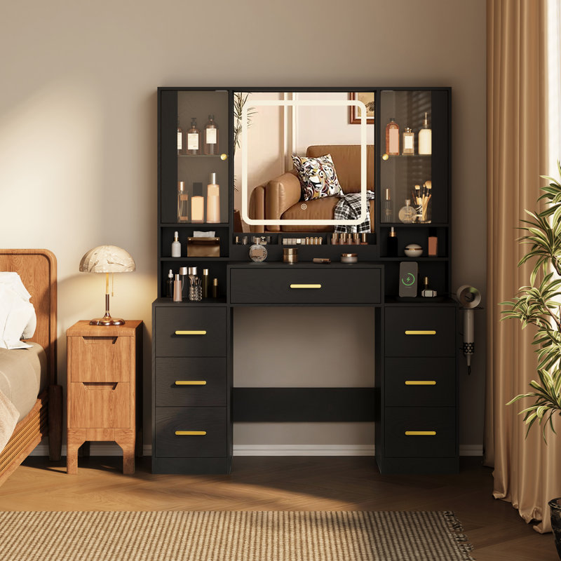 Grand ensemble de coiffeuse éclairée avec lumières RVB réglables et station de charge, coiffeuse avec miroir et grand rangement
