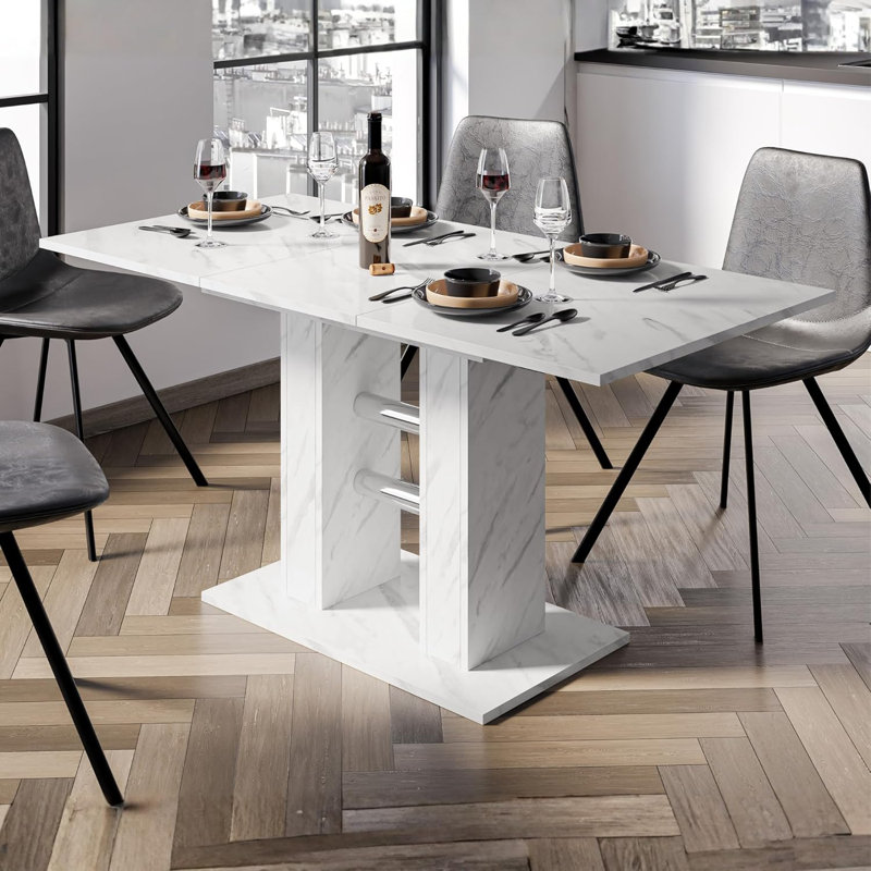 Extendable Dining Table With Marble Effect WILD MINI Small Extending Table 100-140 For 4 Seater, White 