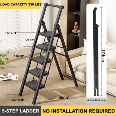 Aluminium 5 Step Ladder, Folding Step Stool with Non-Skid Pedals, Handrail