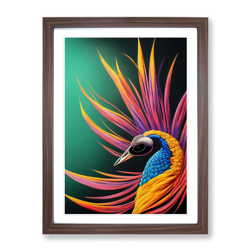 Bold Peacock Art No.5 - Wall Art, 66cm H x 48cm W x 2cm D, Walnut Framed, White