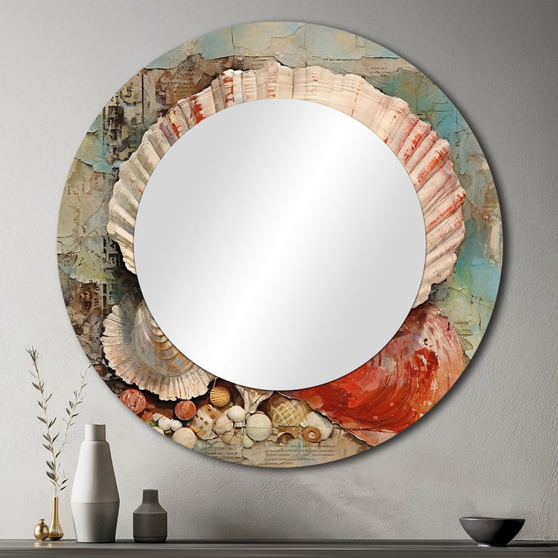 Abstrait Seashell Treasures II - coquillage unique miroir mural, miroir rond moderne, impression d'art en métal
