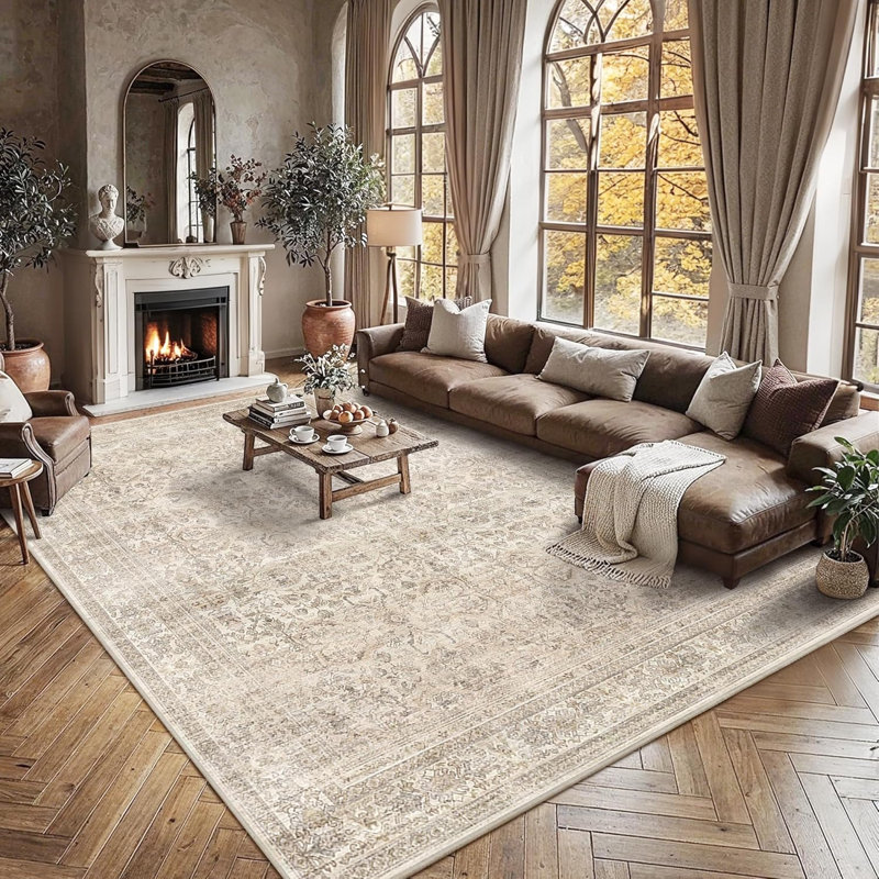 Tapis délavé lavable, antidérapant et doux, Beige, Rectangle 8'x10'