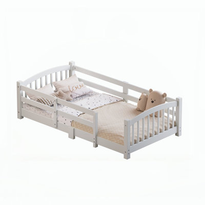 Twin Montessori Floor Bed with Slats and Safety Guardrails, Solid Wood Floor Bed with Fence and Without Door, Easy Assemble Montessori Bed for Girls and Boys, White