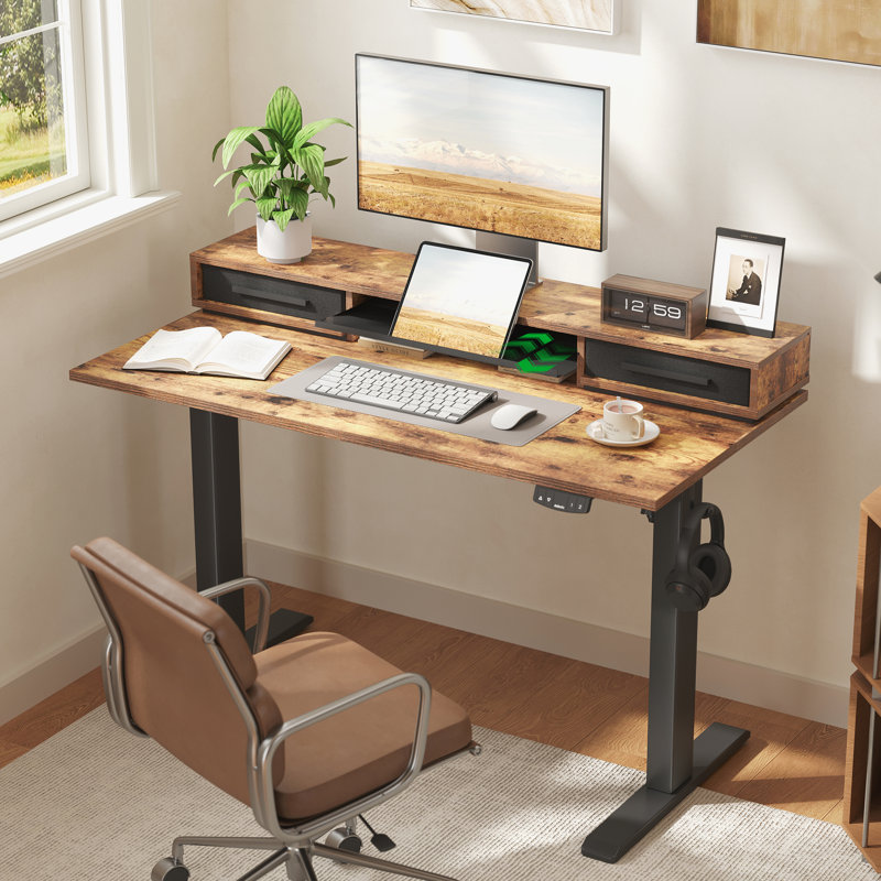 48" Electric Standing Desk With Drawers, Height Adjustable Desk With Retractable Storage Shelf, Stand Up Home Office Computer Table