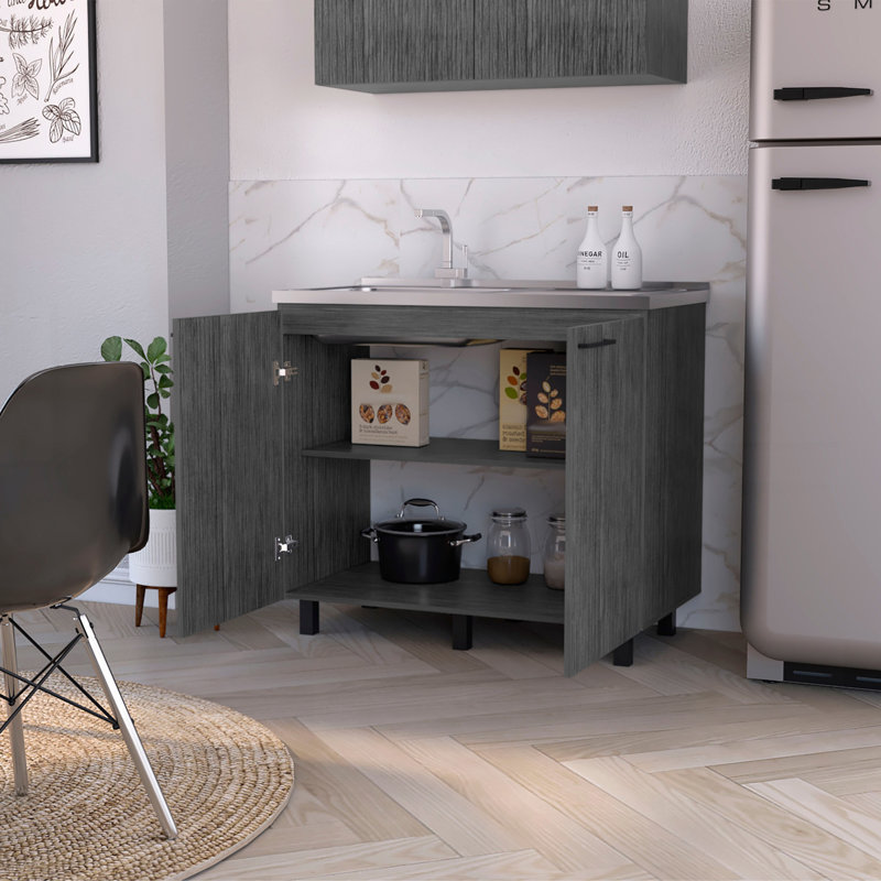 Évier utilitaire et meuble-lavabo, tablette intérieure, comptoir en acier inoxydable, chêne fumé