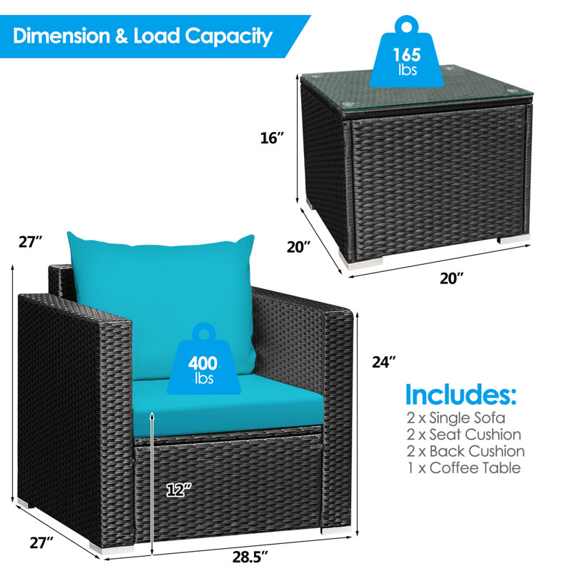 Alycen 2 - Person Patio Conversation Set with Cushions, Turquoise, Black