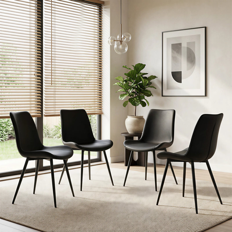 Chaise de salle à manger rembourrée avec pieds en acier au carbone (ensemble de 4), 4, Similicuir noir