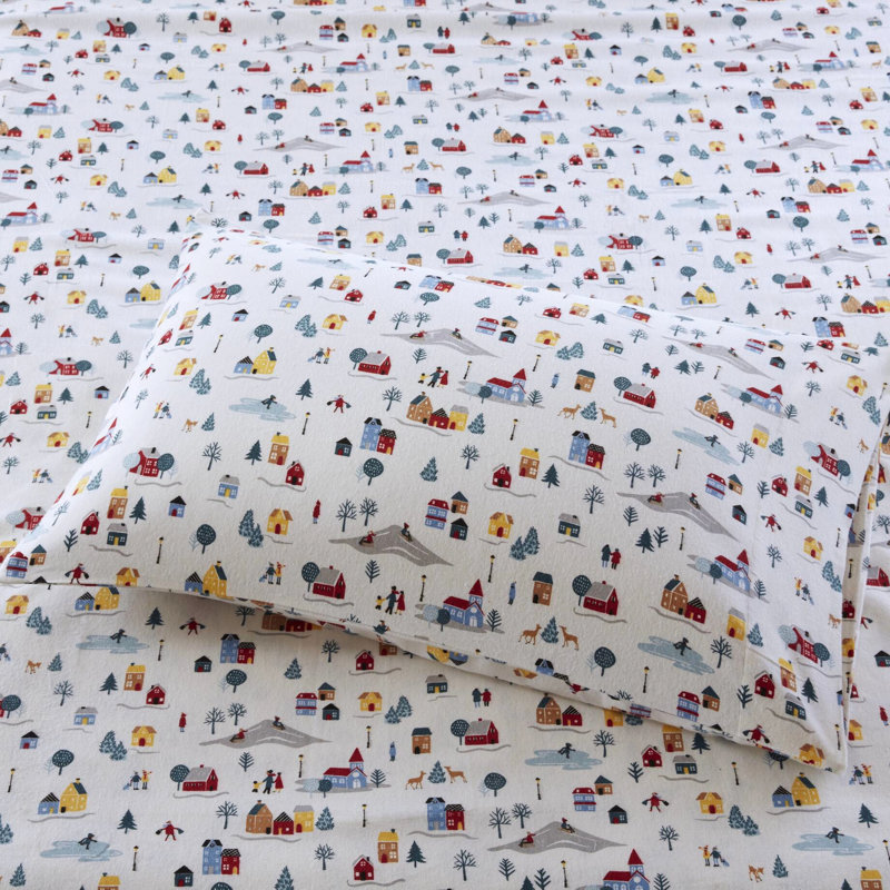 Drap simple en 3 pièces avec charmant imprimé village blanc, 100% flanelle de coton pour un sommeil douillet et confortable, une gamme de motifs imprimés, comprend 2 draps plats et ajustés, des taies d'oreiller élastiques de 12 po