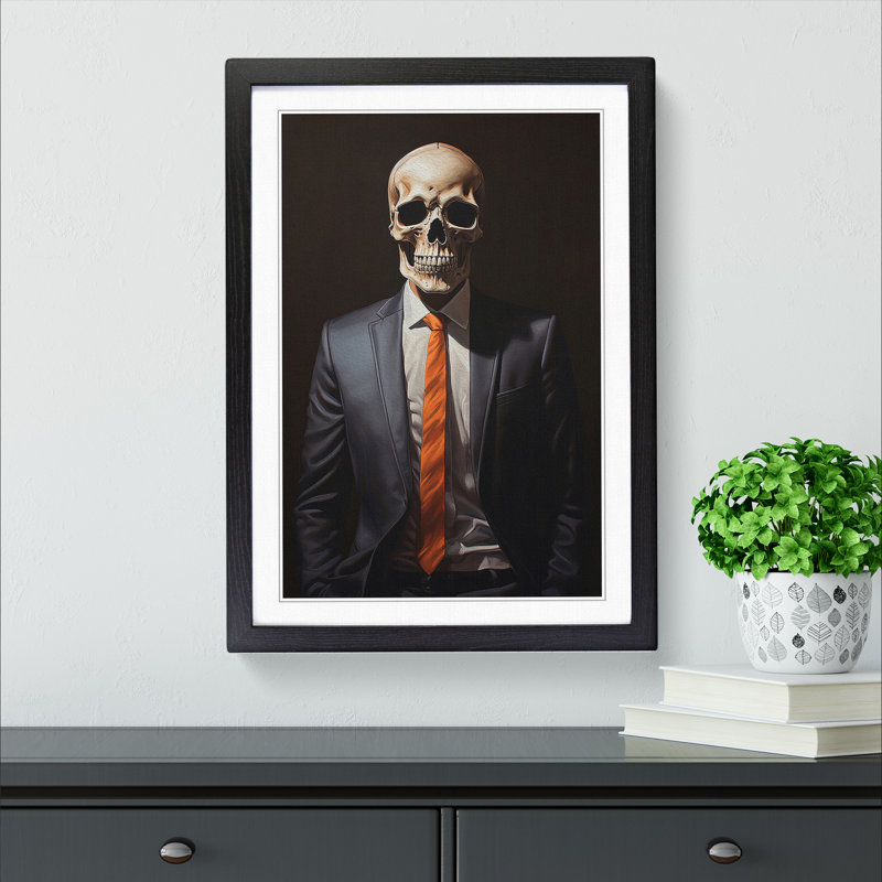 Skeleton In A Suit Painting No.2 - Single Picture Frame Print on Wood, Black Framed, 46cm H x 34cm W