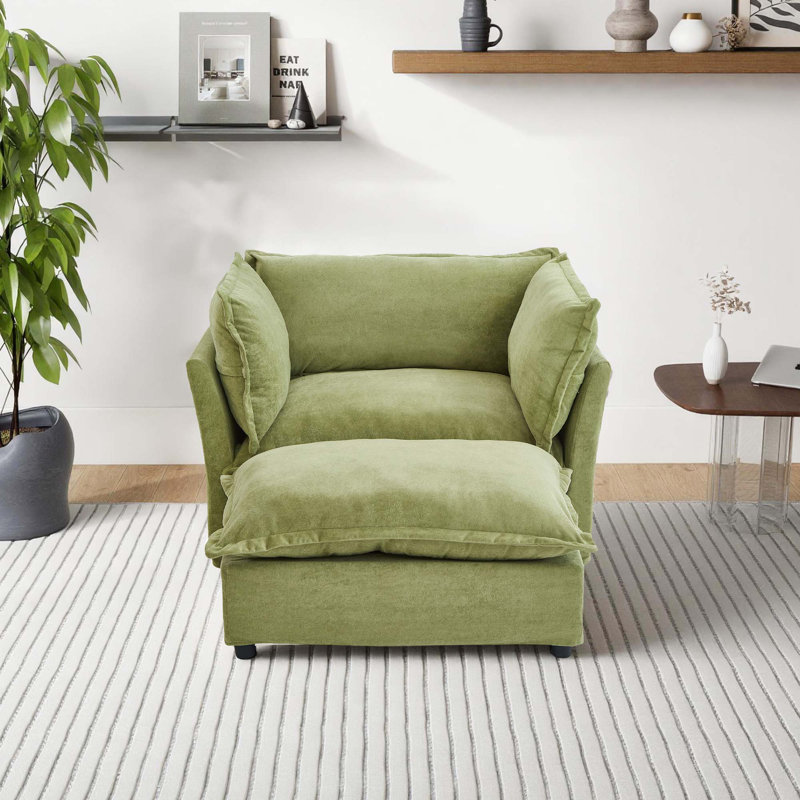 Canapé simple en chenille de style moderne avec repose-pieds, peut être utilisé pour s'allonger ou s'asseoir, Vert