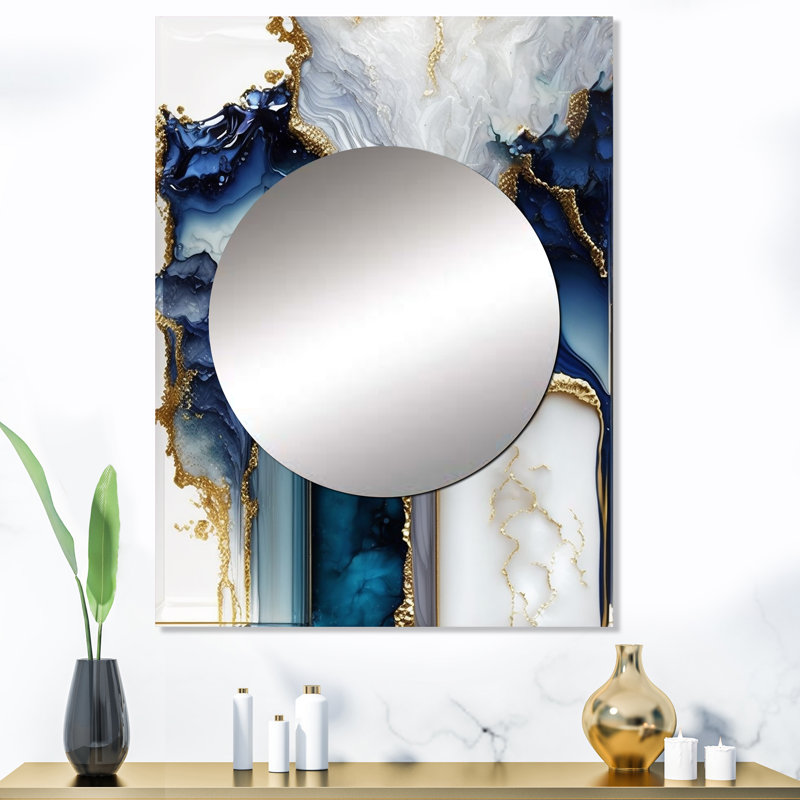 Saadiq, géode abstraite, marbre blanc et bleu I - marbre, miroir mural unique, grand miroir moderne, art imprimé en métal