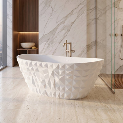 Baignoire à sabot ovale double Knightsbrook 64 po x 33 po, autoportante, en résine de pierre à surface solide, motif diamant, fini blanc mat