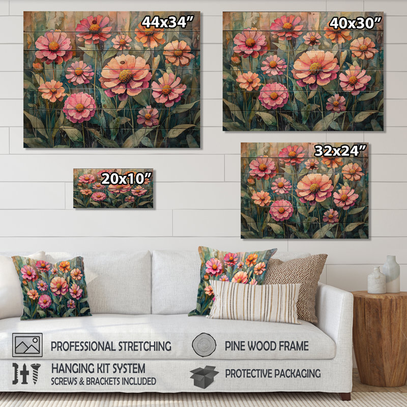 Zinnias Summer Petals In The Breeze II - Zinnias Wood Print - On Natural Pine Wood, 34" H x 44" W x 0.78" D