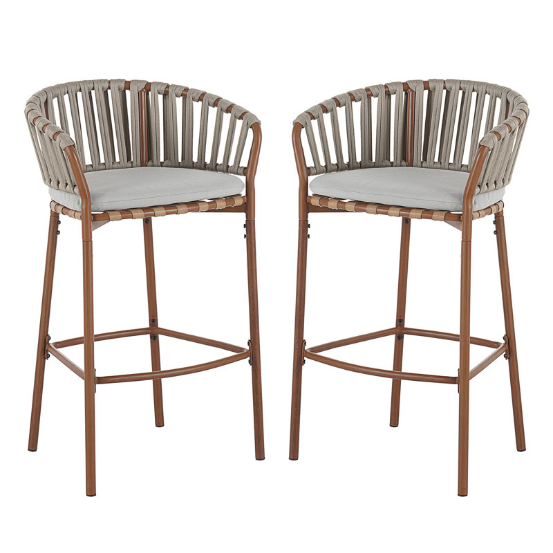 Lodi Outdoor Matal Rope Barstool, Teak Finished Frame And Beige Cushion, Set Of 2