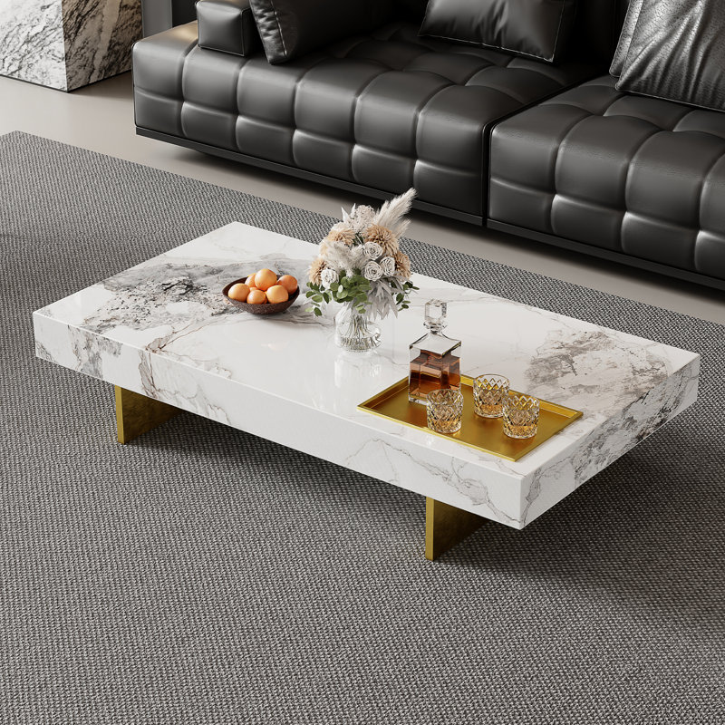 Modern Faux Marble Coffee Table with Gold Metal Legs - 51.2" Rectangular Contemporary Living Room Center Table, Stylish Elegant Home Decor Furniture