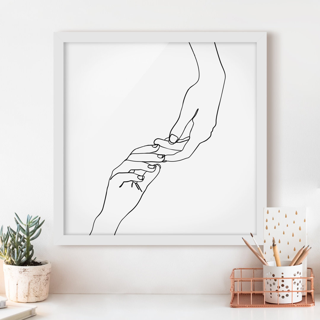 Gerahmter Kunstdruck Line Art Hands Touch Black White